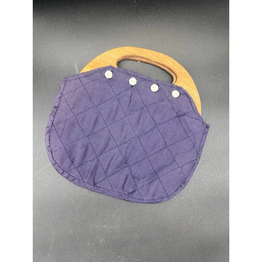 Vintage Bermuda Wooden Handle Bag Purse Blue Reversible Cover Handbag Pocketbook
